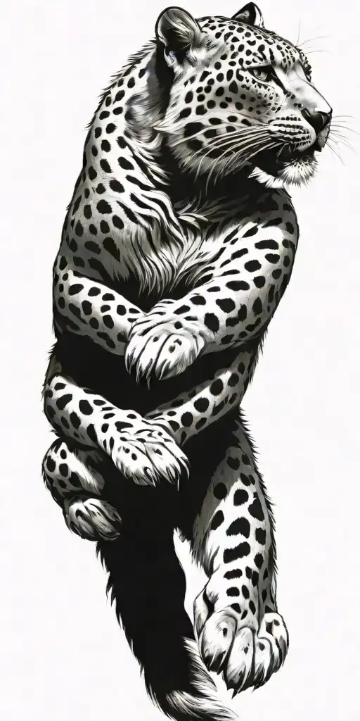 A sleek and powerful snow leopard in mid-leap, with intricate mechanical wings attached to its back, symbolizing the fusion of nature and technology tattoo design idea