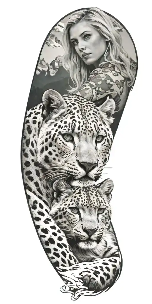 A realistic tattoo of a blonde woman with green eyes surrounded by snow leopard and Rocky mountains tattoo design idea