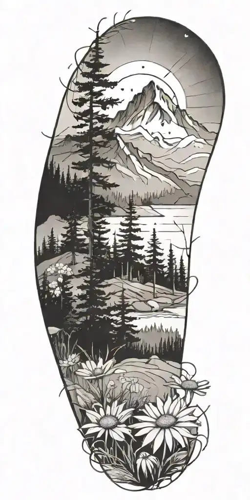 A sketch-style tattoo of a mountain landscape with pine trees and daisies scattered throughout tattoo design idea