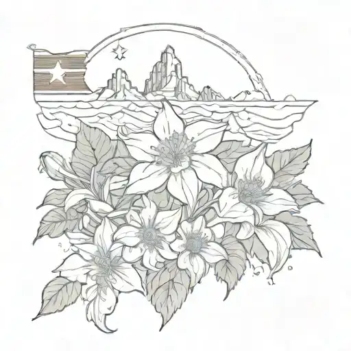 rocky mountains with a columbine flower with the flag of colorado  tattoo design idea