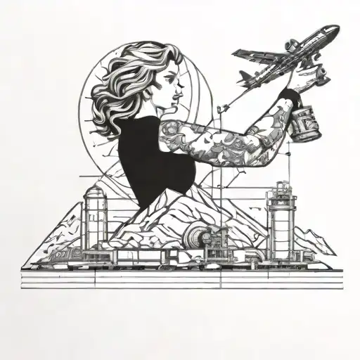 A blackwork tattoo of a woman sketching a blueprint of an aircraft engine, with a mountain peak in the distance tattoo design idea