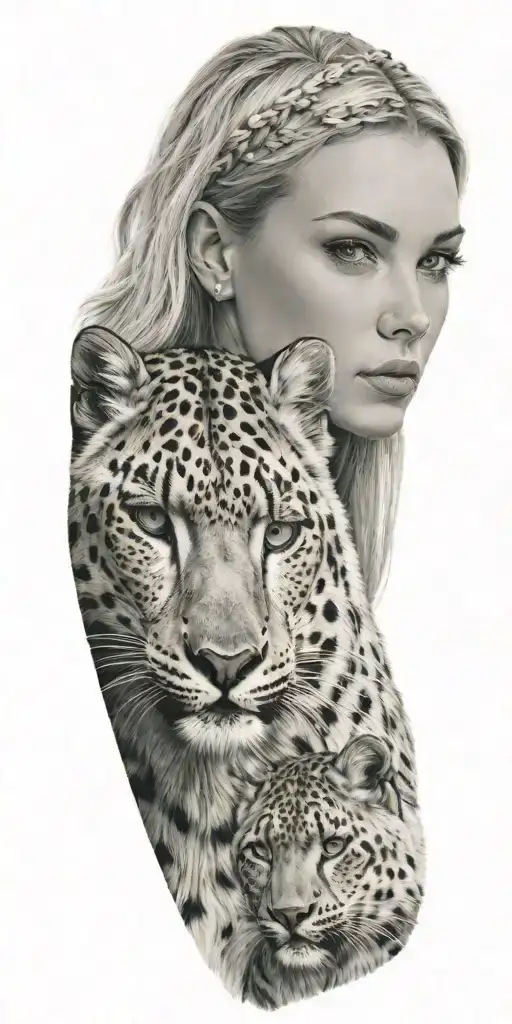 blonde woman with green eyes and a snow leopard with rocky mountains in the background tattoo design idea