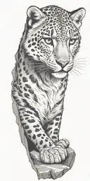 A snow leopard gracefully blending into a rocky mountain landscape tattoo design idea