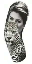 woman with green eyes and a snow leopard with rocky mountains in the background tattoo design idea