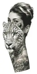 woman with green eyes and a snow leopard with rocky mountains in the background tattoo design idea