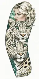 A realistic tattoo of a blonde woman with green eyes surrounded by snow leopard and Rocky mountains tattoo design idea