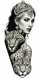 A realistic tattoo of a blonde woman with green eyes holding a Lord Muruga's Vel with a snow leopard sitting beside her tattoo design idea