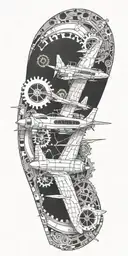 A sleek and modern aircraft design incorporating elements of 3D modeling, with gears and mechanical details tattoo design idea
