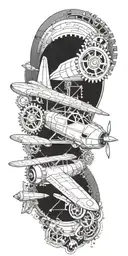 A sleek and modern aircraft design incorporating elements of 3D modeling, with gears and mechanical details tattoo design idea
