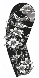 A detailed Rocky mountain with columbine and aster flowers tattoo design idea