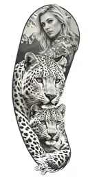 A realistic tattoo of a blonde woman with green eyes surrounded by snow leopard and Rocky mountains tattoo design idea
