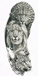 A realistic tattoo of a blonde woman with green eyes surrounded by snow leopard and Rocky mountains tattoo design idea