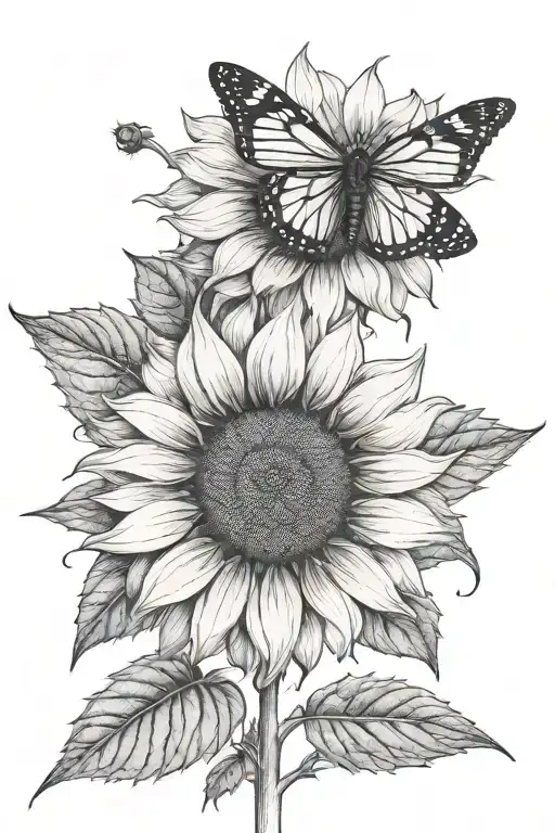 fine line single stem sunflower with ladybug flying tattoo design idea