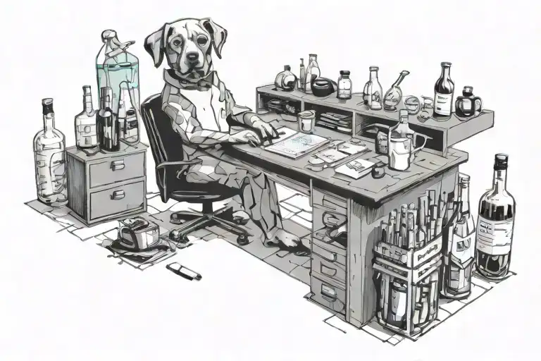 A tattoo design of a manager's desk cluttered with alcohol bottles and drug paraphernalia, with a loyal dog sitting at their feet tattoo design idea