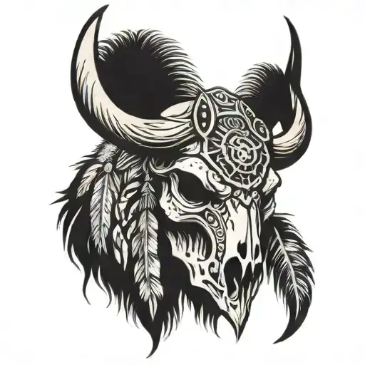 Buffalo skull with head dress tattoo design idea