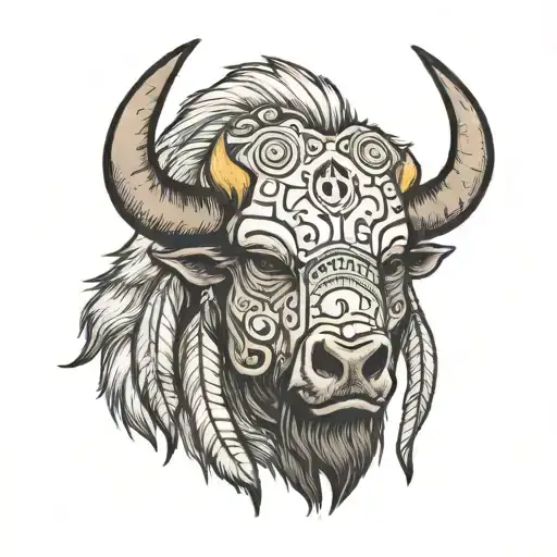 Buffalo with a skull mask with head dress tattoo design idea