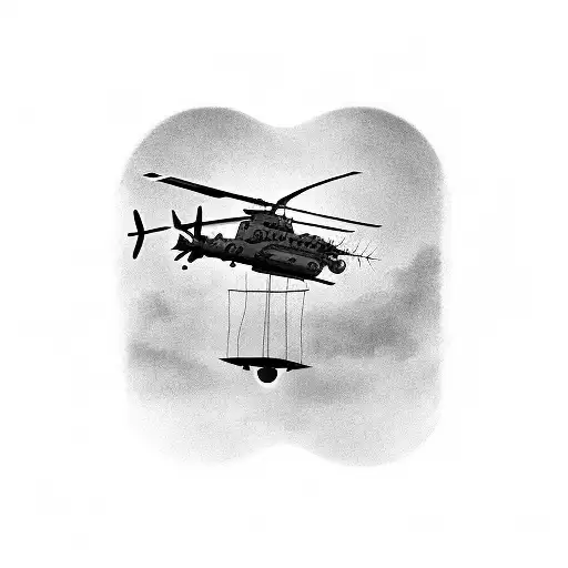 A black-grey tattoo of a Chinook helicopter flying over a landscape of shooting ranges tattoo design idea