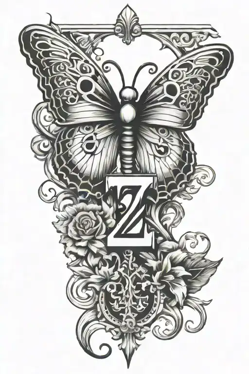 number 27 incopreted with a butterfly and a christian orthodox cross at the background with a semi comma tattoo design idea