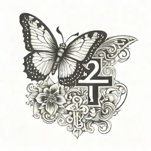 number 27 incopreted with a butterfly and a christian orthodox cross at the background tattoo design idea