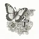 number 27 incopreted with a butterfly and a christian orthodox cross at the background tattoo design idea