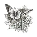 number 27 incopreted with a butterfly and a christian orthodox cross at the background tattoo design idea