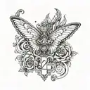 number 27 incopreted with a butterfly and a christian orthodox cross at the background tattoo design idea