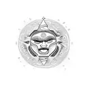 A comedic television scene with characters laughing and aboriginal art motifs in the background tattoo design idea