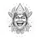 A comedic television scene with characters laughing and aboriginal art motifs in the background tattoo design idea