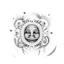 A comedic television scene with characters laughing and aboriginal art motifs in the background tattoo design idea