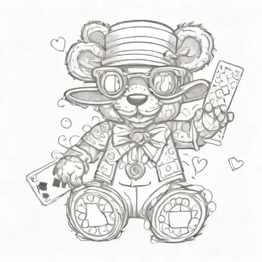 Full body voodoo teddy bear wearing a rogue hat surrounded by playing cards hearts and button eyes  tattoo design idea