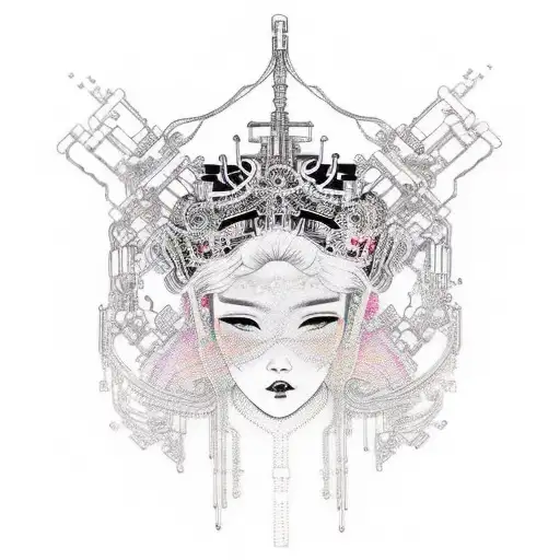 A futuristic cyberpunk princess with intricate circuitry designs incorporated into her gown and crown tattoo design idea