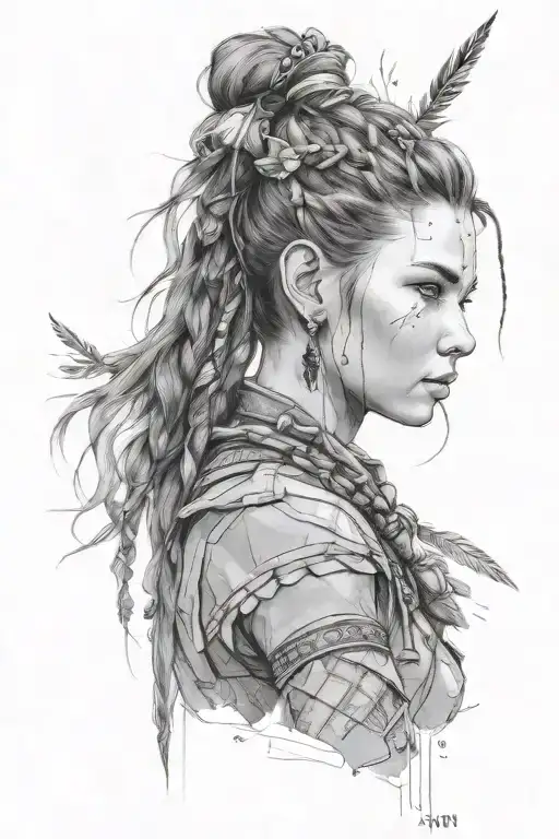 Design a portrait of Aloy from Horizon Zero Dawn with subtle elements representing the journey of male to female transition, in a realism style tattoo design idea