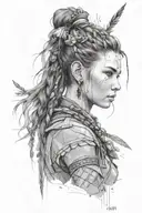 Design a portrait of Aloy from Horizon Zero Dawn with subtle elements representing the journey of male to female transition, in a realism style tattoo design idea