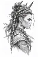 Design a portrait of Aloy from Horizon Zero Dawn with subtle elements representing the journey of male to female transition, in a realism style tattoo design idea