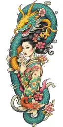 Japanese, dragon, geisha girl, koi carp Masonic symbols, bright colours, flowers, full colour tattoo design idea