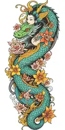 Japanese, dragon, geisha girl, koi carp Masonic symbols, bright colours, flowers, full colour tattoo design idea