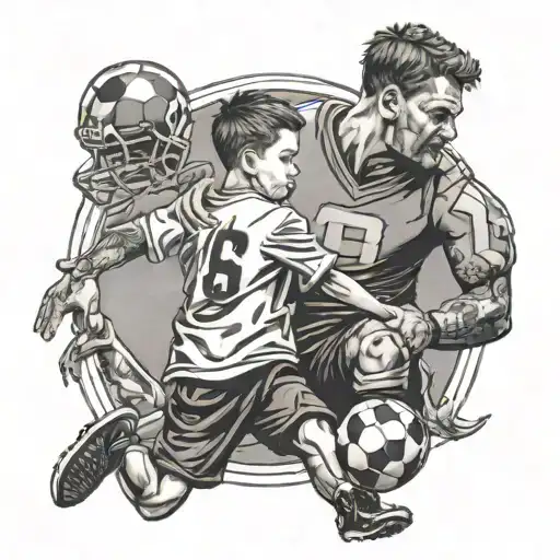 An intricate black and grey tattoo featuring a father and son bonding over a football game tattoo design idea