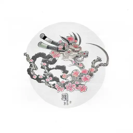 Samurai, cherry blossom, Shinto shrine tattoo design idea