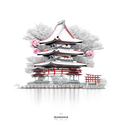 Samurai, cherry blossom, Shinto shrine tattoo design idea