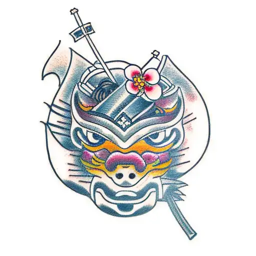 Samurai, cherry blossom, Shinto shrine tattoo design idea