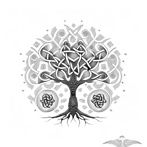 A Celtic tree of life with intricate dotwork patterns inspired by Russian folk art tattoo design idea