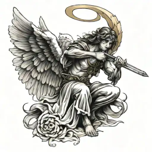 angel with sword kneeling angel tattoo design idea
