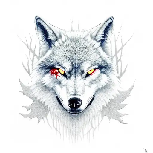 Running ghost wolf with some red details. Include dark forests and skulls tattoo design idea