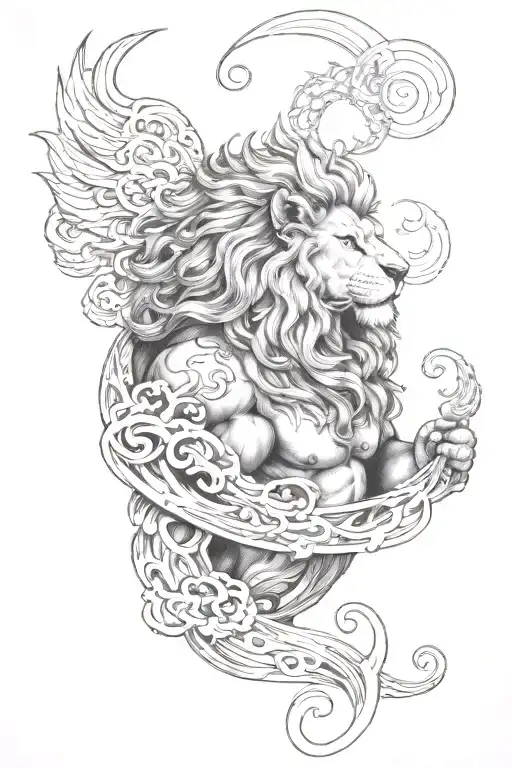 A full sleeve tattoo design with Zeus on the upper arm and a lion on the lower arm. The transition between them is waves tattoo design idea