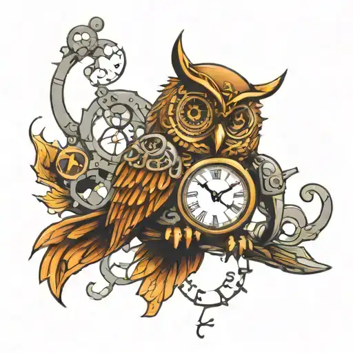 steampunk owl and clock  tattoo design idea