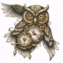 steampunk owl with clock belly  tattoo design idea
