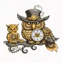 steampunk owl and clock  tattoo design idea