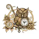 steampunk owl and clock  tattoo design idea