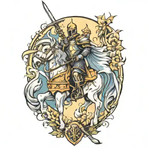 knight with fairy and castle surrounded tattoo design idea