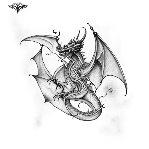 flying dragon of doom with a devil on it and a 666 number on the background tattoo design idea